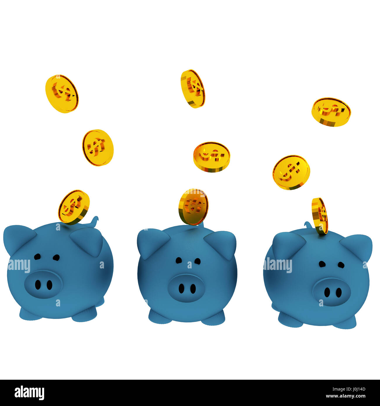 three blue piggy bank for savings with coins in 3D render image Stock ...