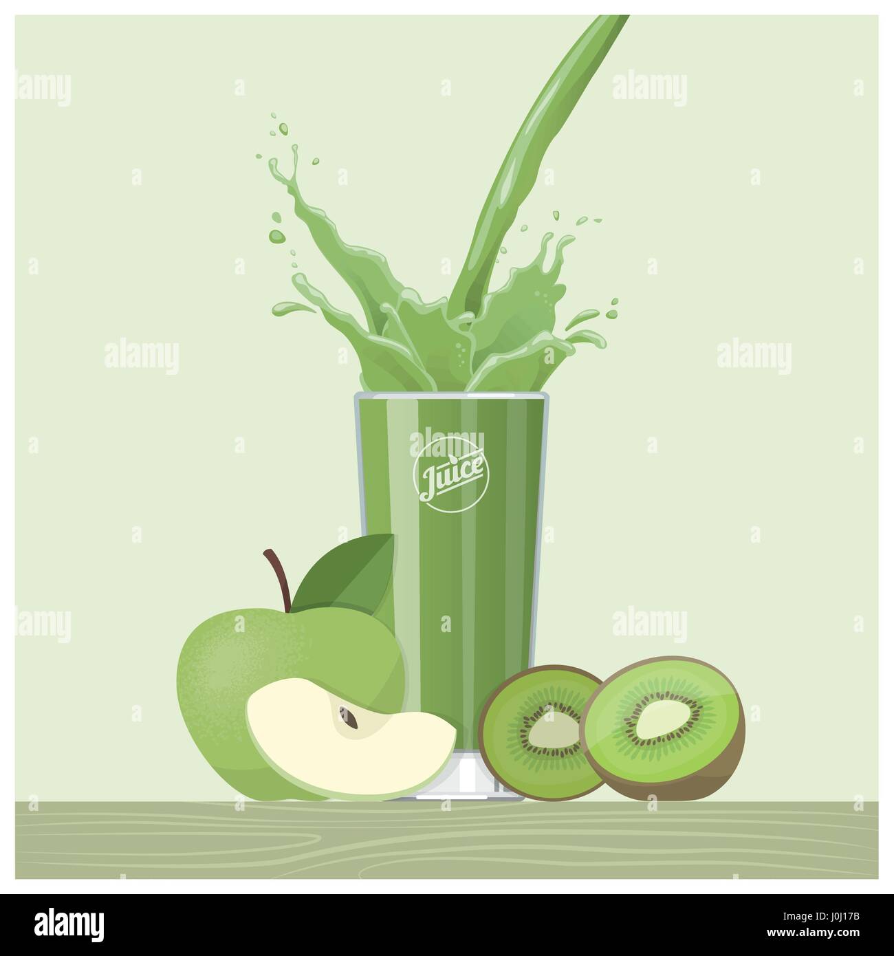 Green apple and kiwi juice pouring into a glass, healthy detox eating concept Stock Vector