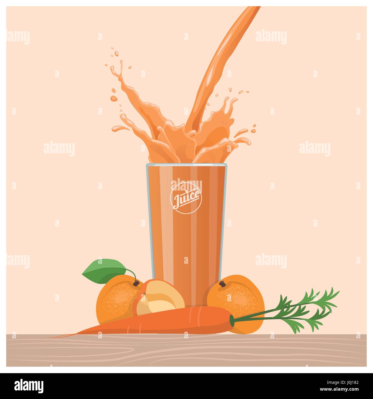 Orange carrot and apricot juice pouring into a glass, healthy diet and refreshment concept Stock Vector