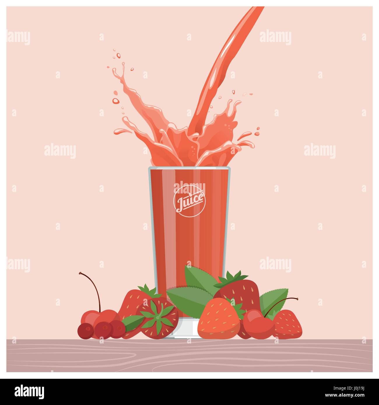 Red berries juice pouring into a glass with strawberries, cherries and cranberries, healthy diet concept Stock Vector