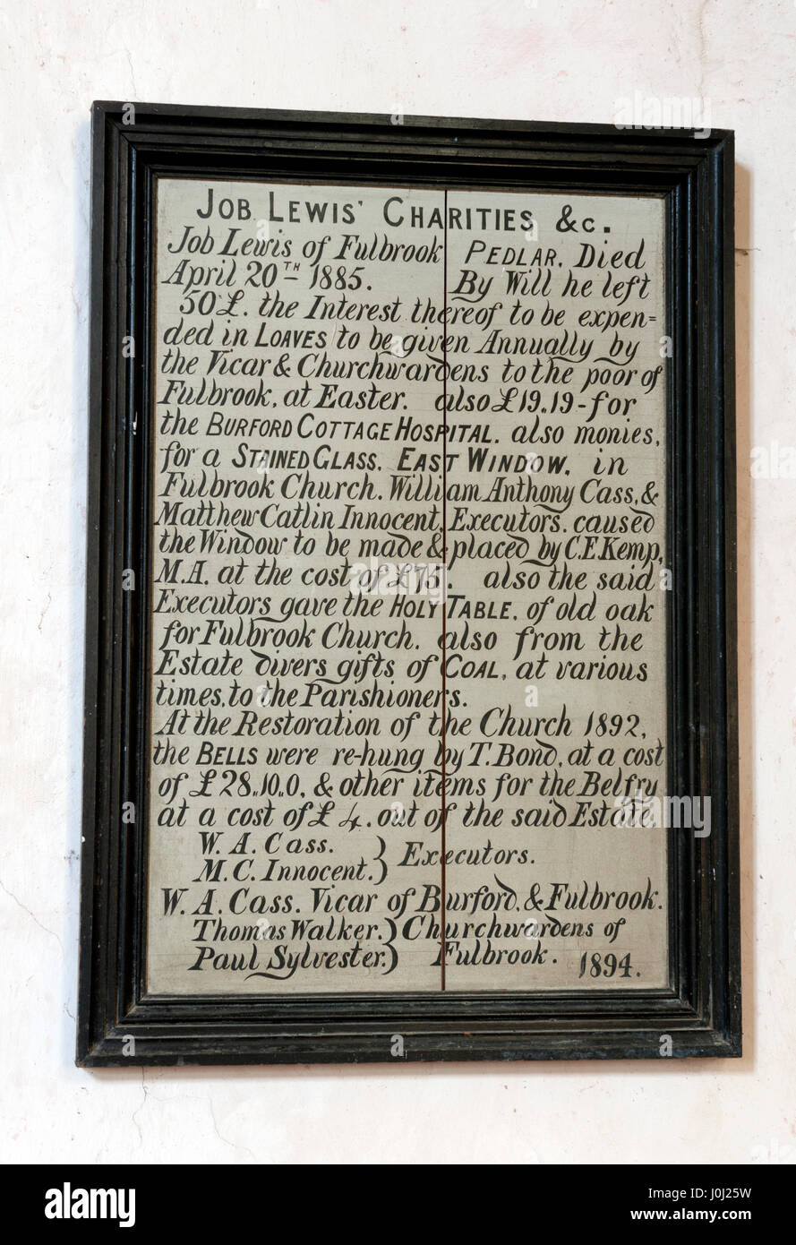Job Lewis charities board in St. James the Great Church, Fulbrook, Oxfordshire, England, UK Stock Photo
