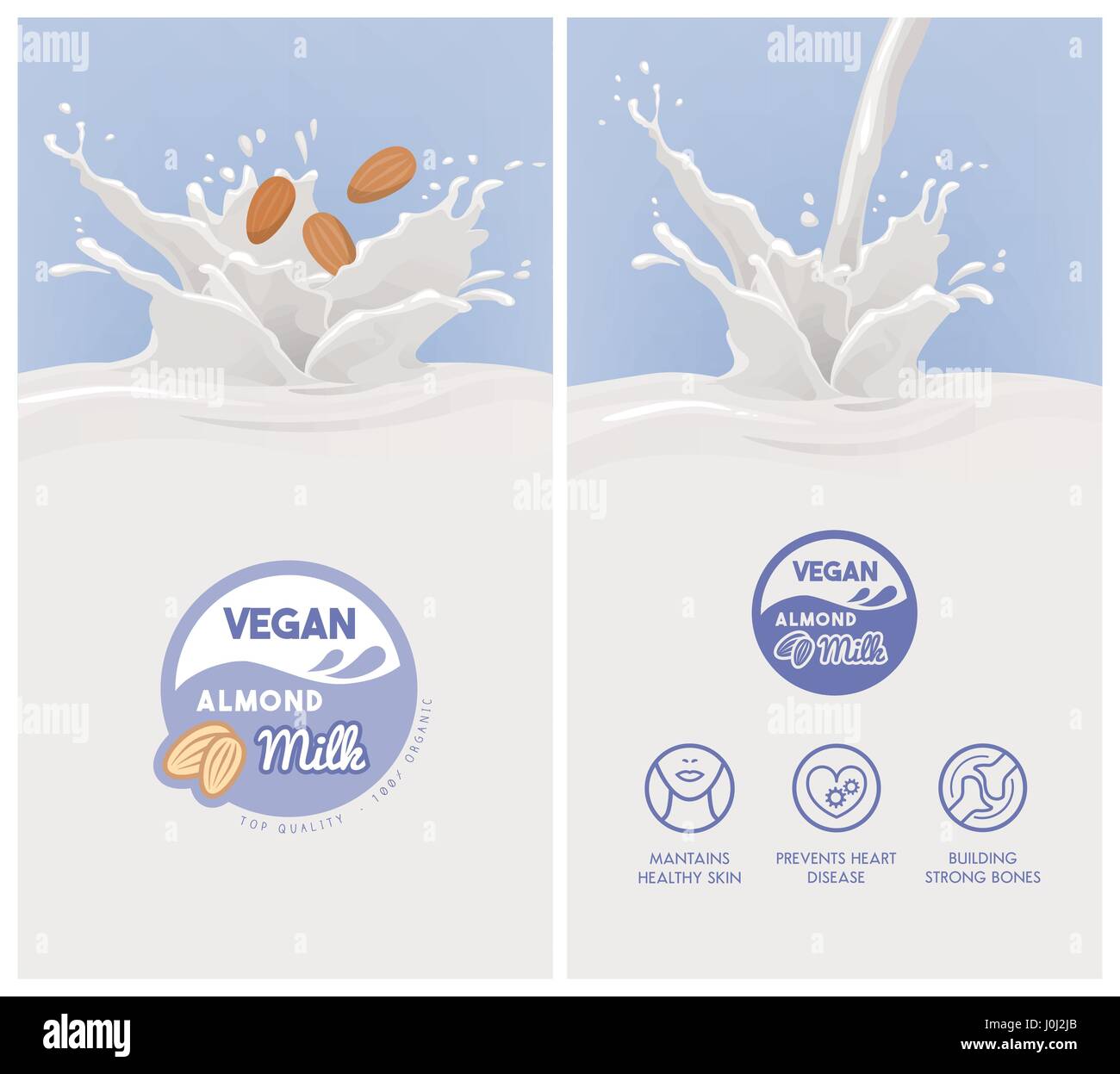 Vegan almond milk splash with almonds falling, badge and healthy eating