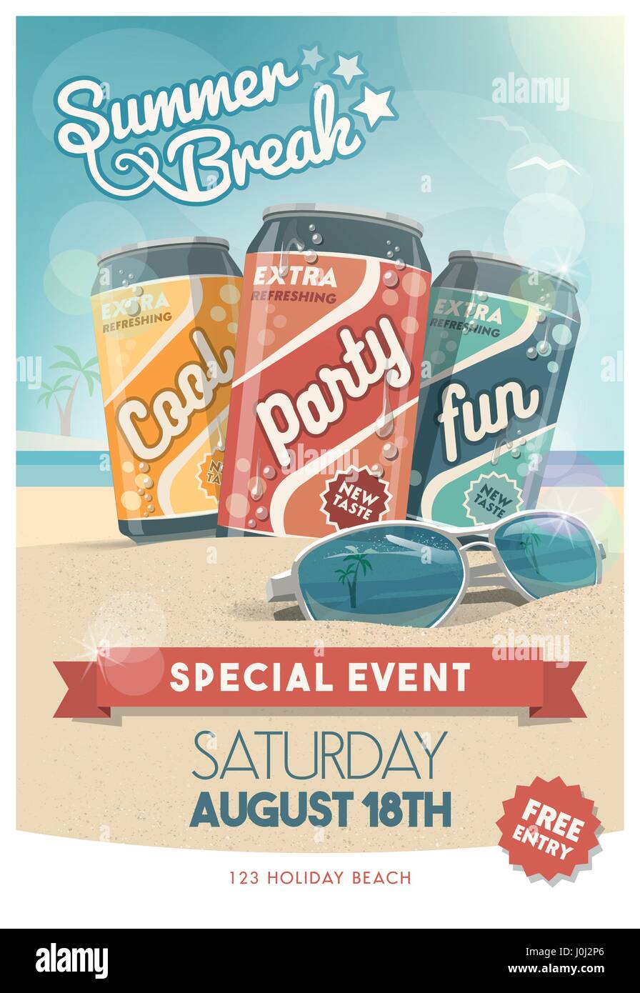 Vacations and summer party poster with fresh drinks, sunglasses and tropical beach on the background, entertainment and advertisement concept Stock Vector