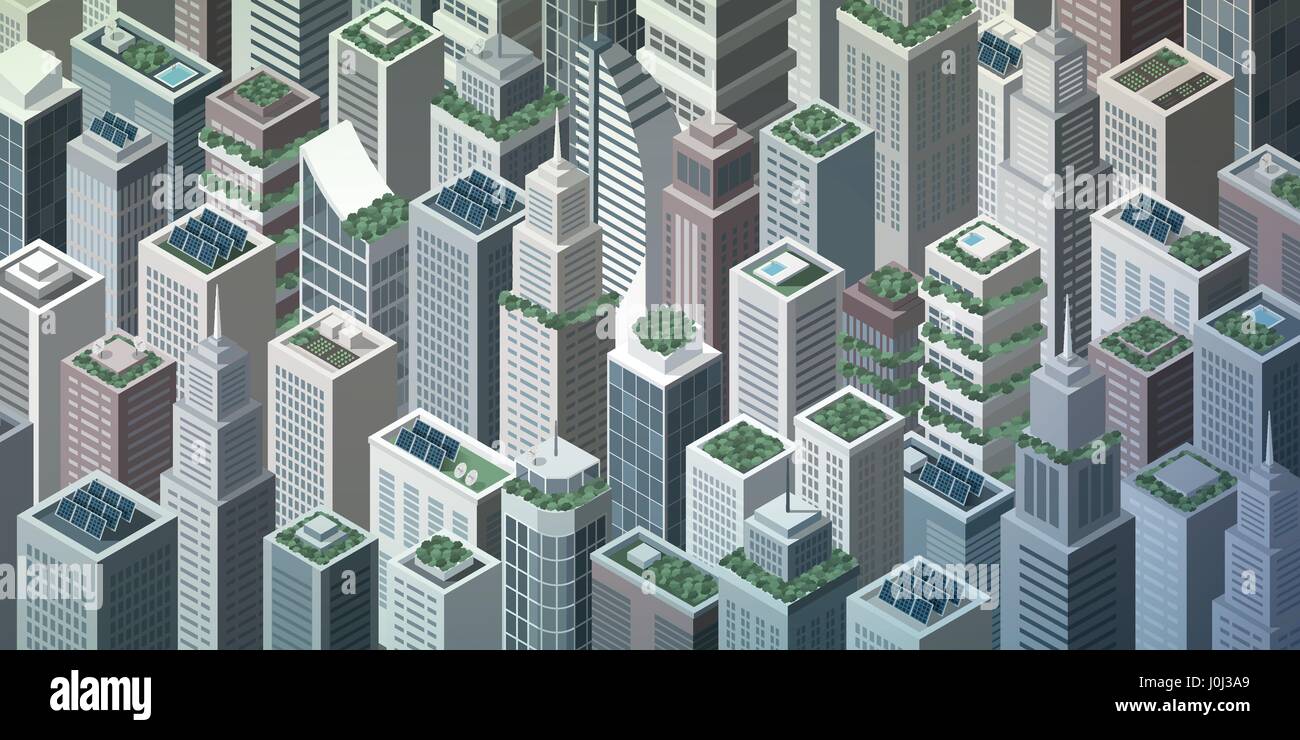 Futuristic isometric green city with rooftop gardens and solar panels on skyscrapers, sustainability and innovation concept Stock Vector