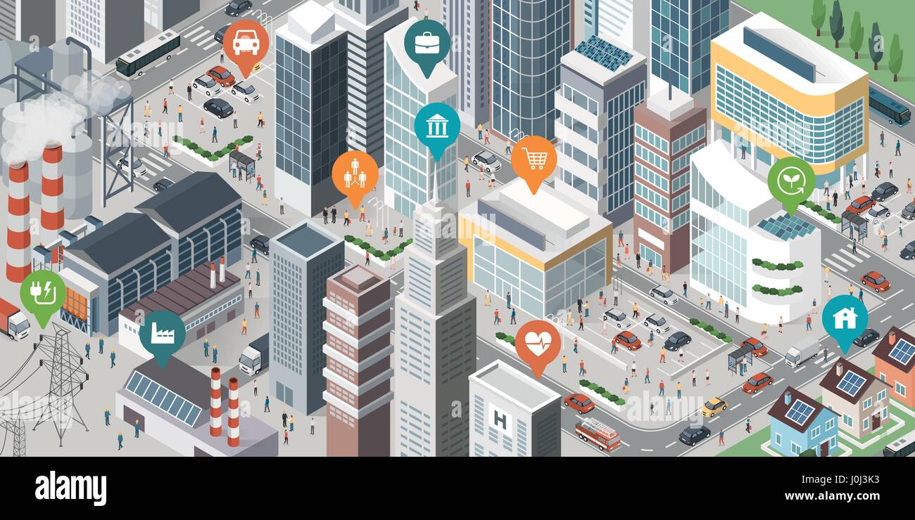 Isometric smart city with skyscrapers, industrial area, residential area, people and vehicles; location pins on the top of the buildings Stock Vector