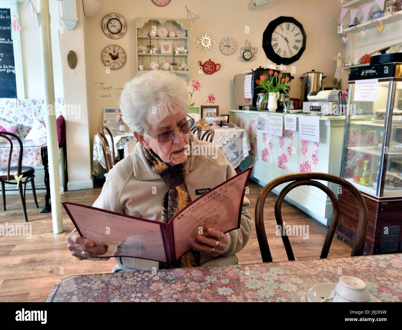 Senior older lady pensioner reading  a menu in a cafe tea shop uk Matlock bath Derbyshire England UK Stock Photo