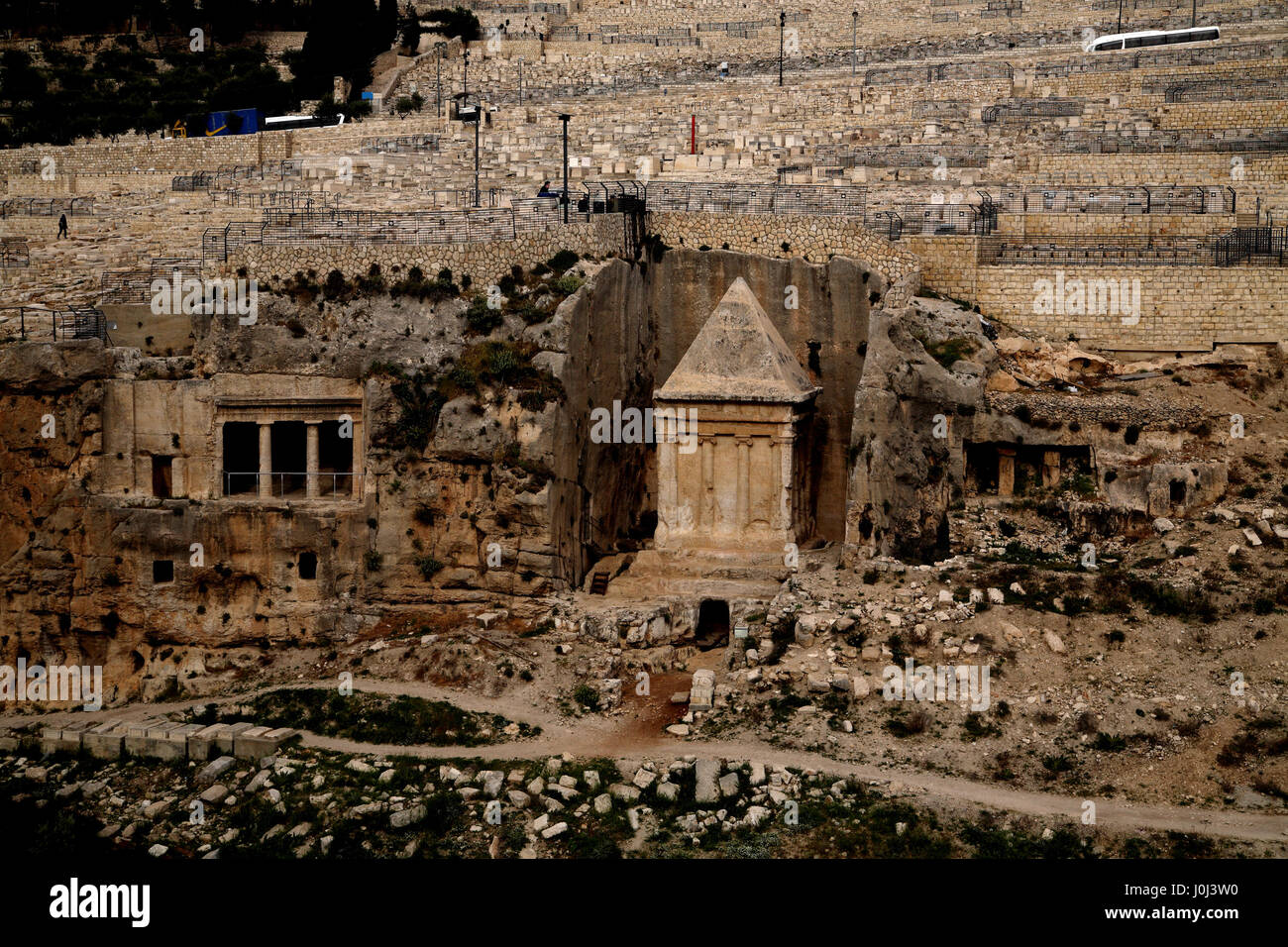 The Tomb of Zechariah, center, a stone monument carved out of solid