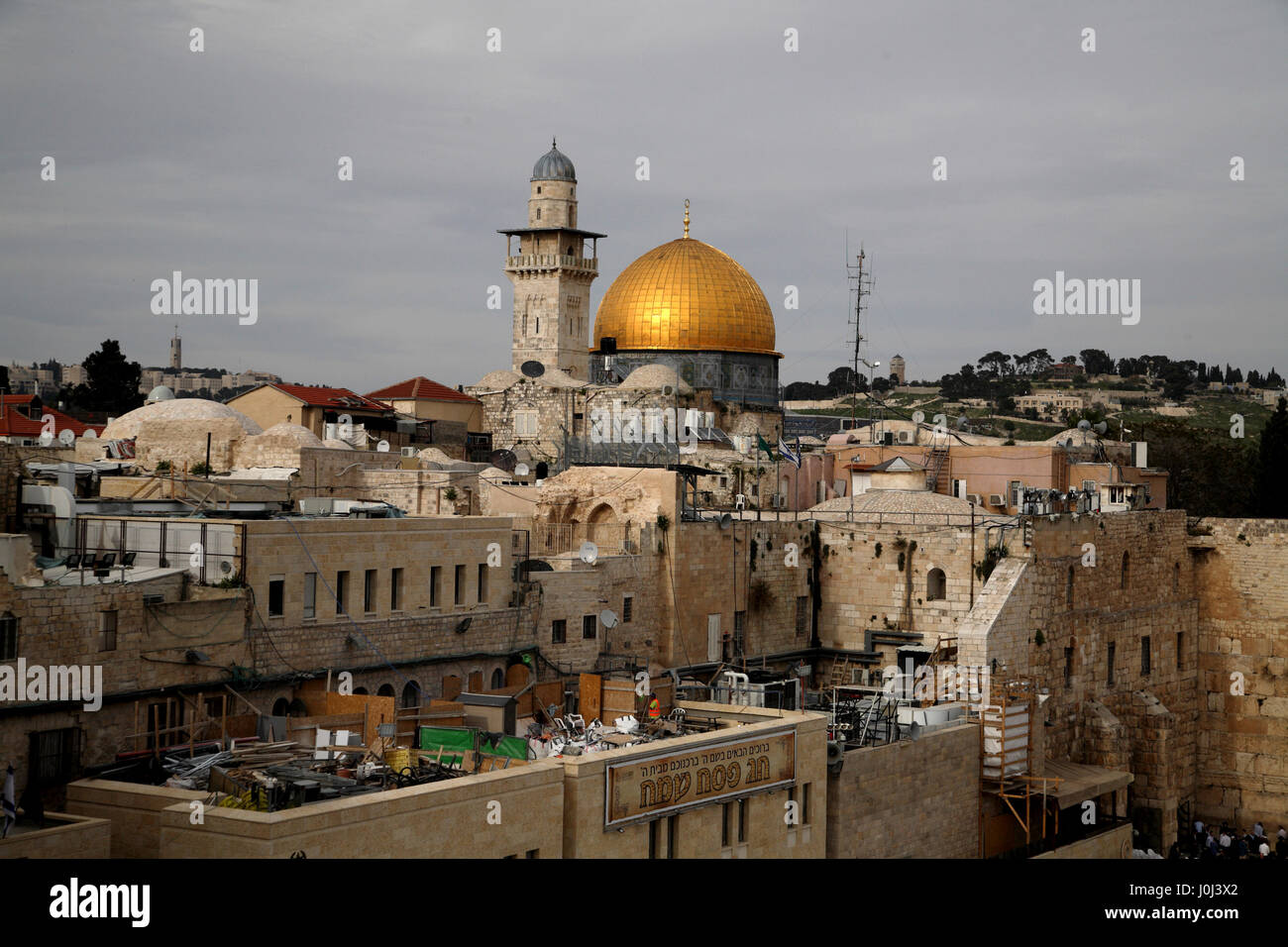 The Dome of the Rock with it's golden dome on the Temple Mount on a partly cloudy day. The Old City of Jerusalem. Israel. Stock Photo