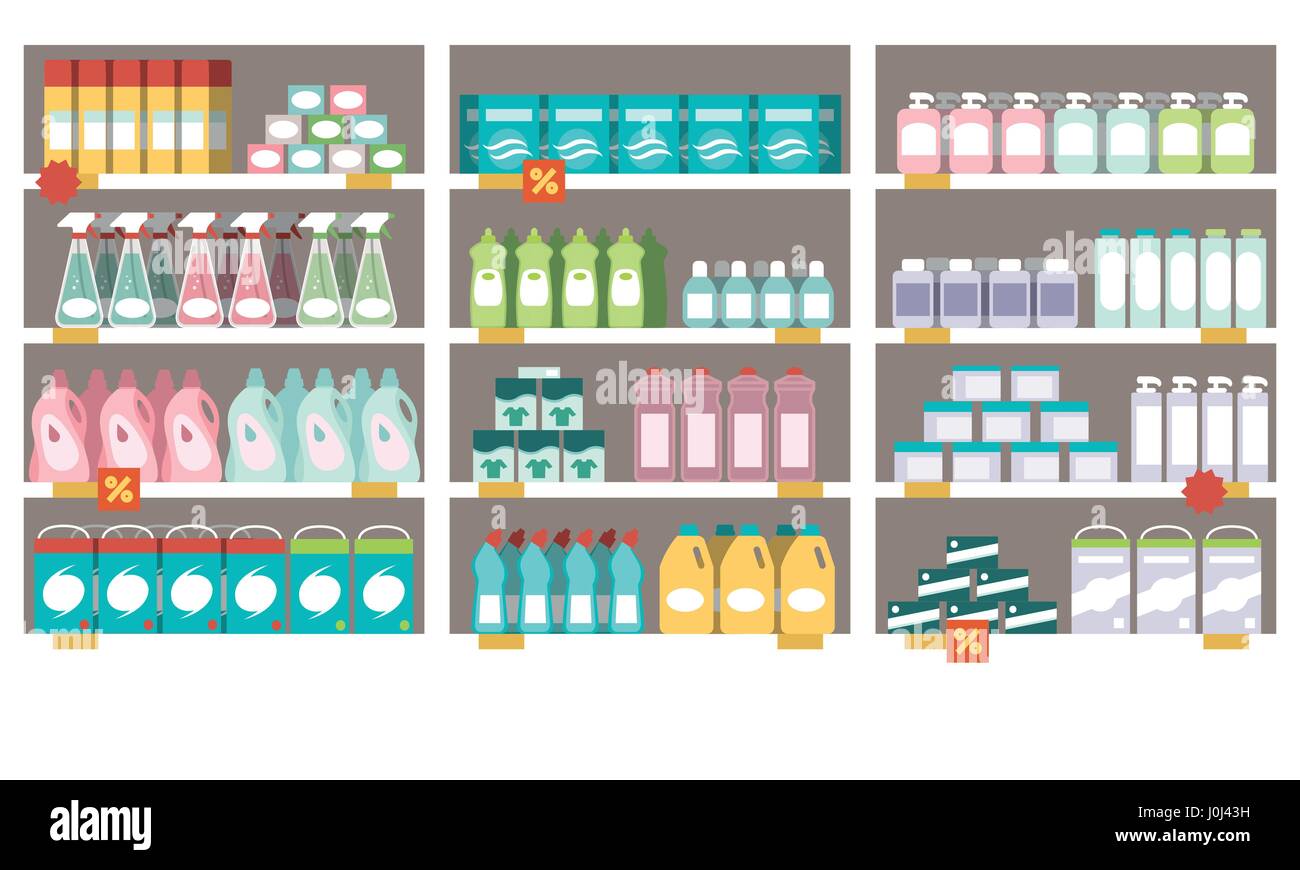 Household products, detergents and offers on the supermarket shelves Stock Vector