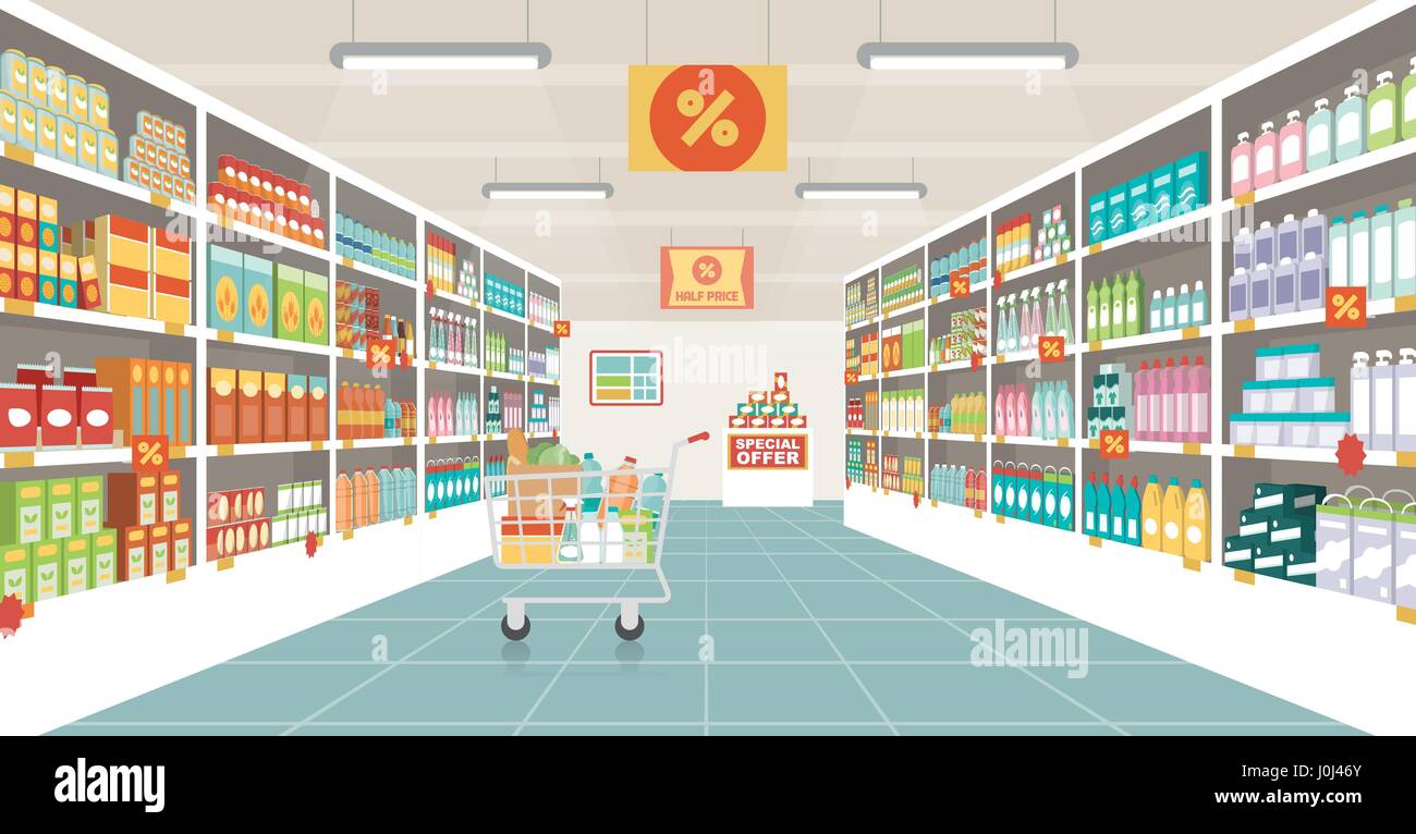 Supermarket aisle with shelves, grocery items and full shopping cart, retail and consumerism concept Stock Vector