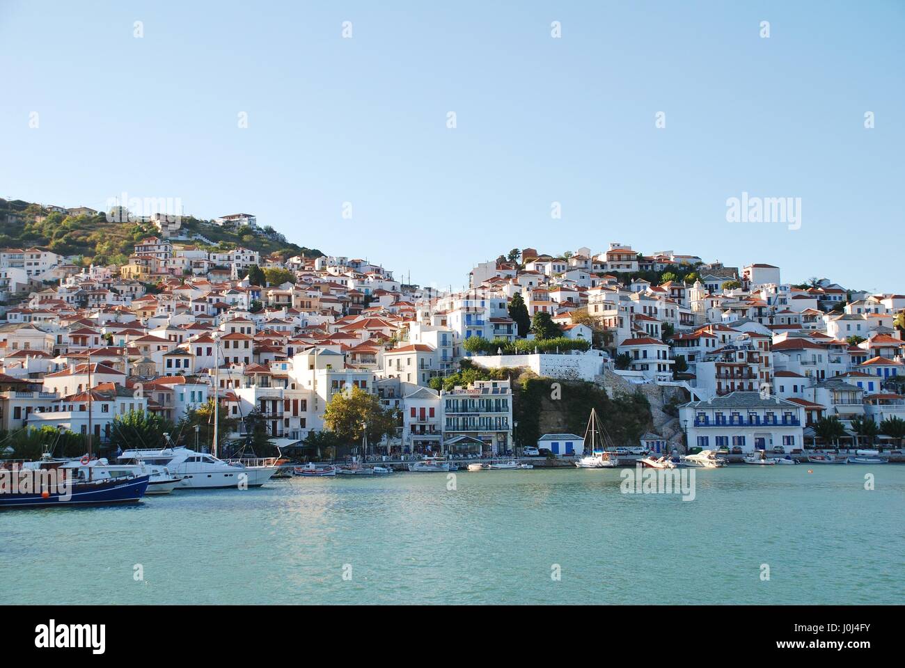 Looking towards Chora on the Greek island of Skopelos on September 21, 2012. The island was the main location of the 2008 film Mamma Mia. Stock Photo