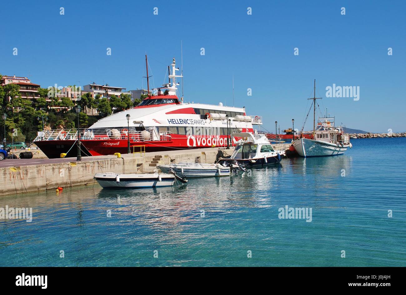 Boats moored in the harbour at Patitiri on the Greek island of Alonissos on September 22, 2012. Stock Photo