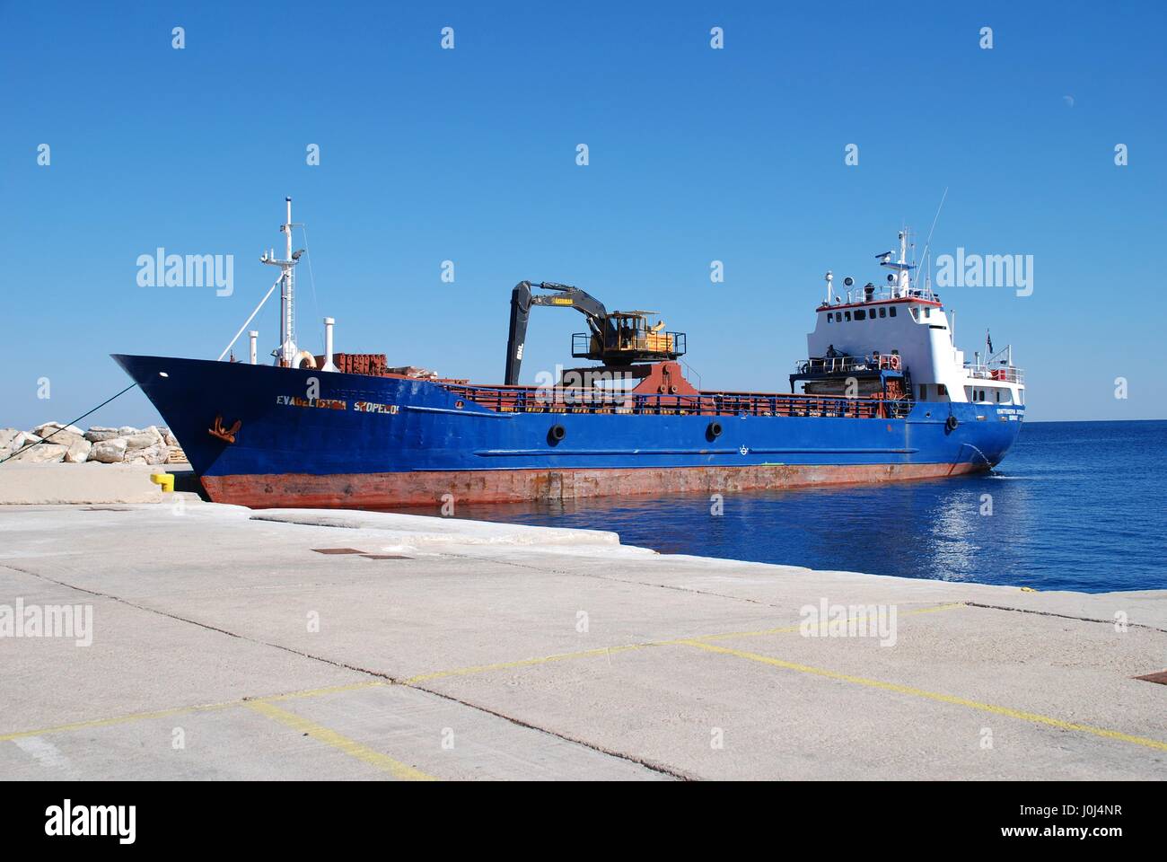 Cargo boat Evagelistria Skopelou moored at Patitiri harbour on the Greek island of Alonissos on September 22, 2012. Stock Photo