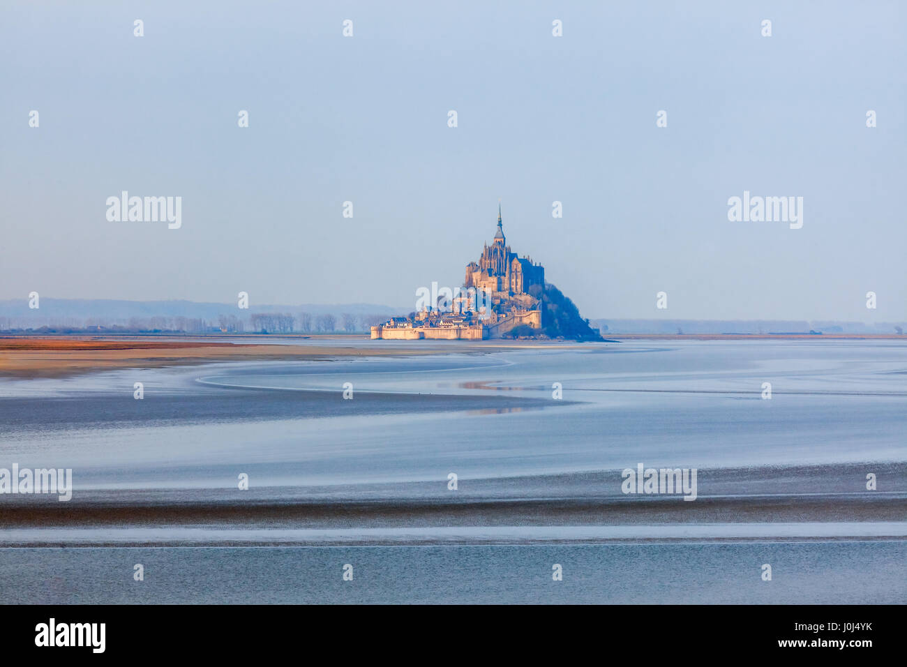 Panoramic view of famous Le Mont Saint-Michel tidal island and Saint-Michel Abbey in Normandy, in the department of Manche, France. Stock Photo