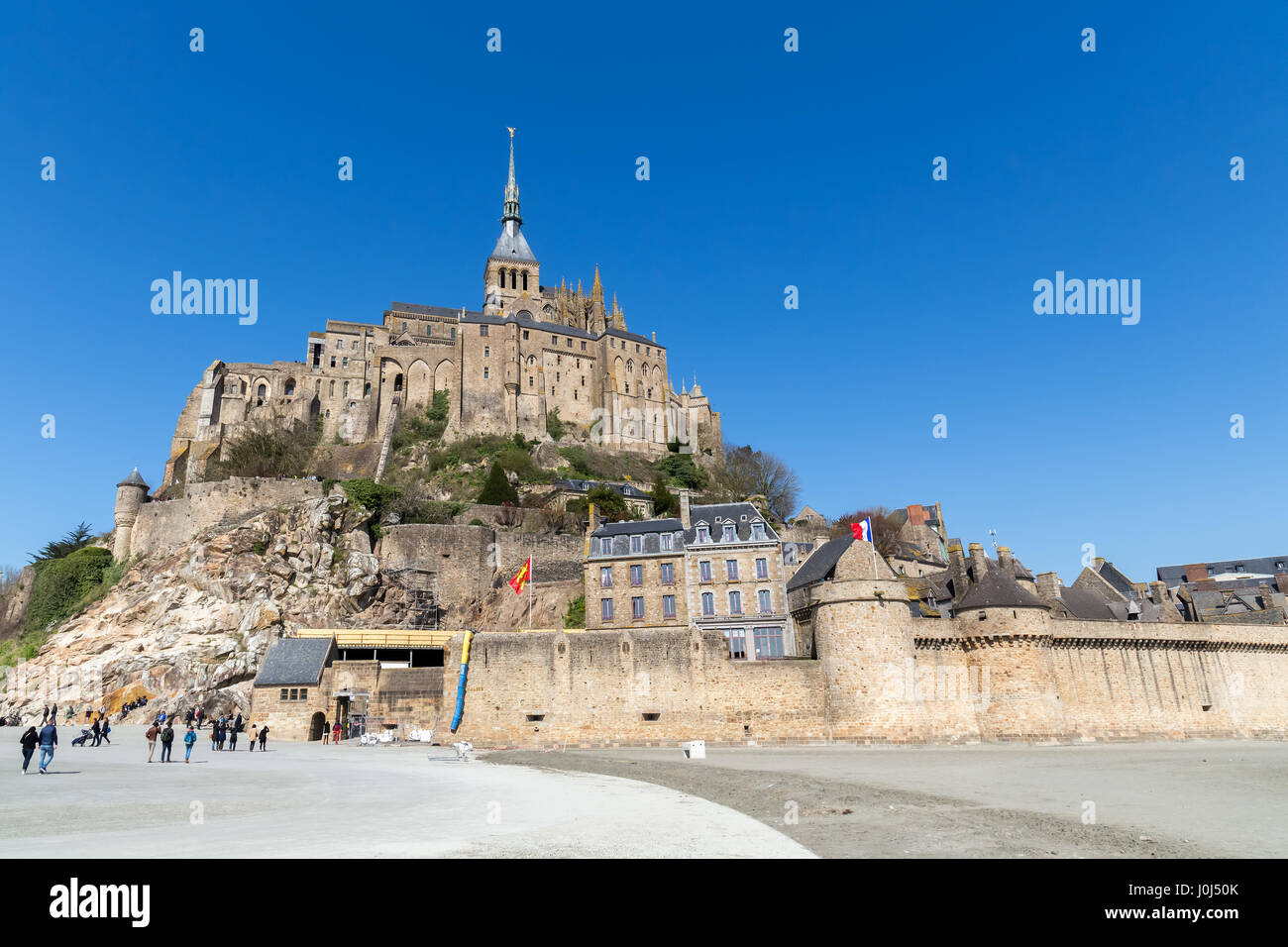 Panoramic view of famous Le Mont Saint-Michel tidal island and Saint-Michel Abbey in Normandy, in the department of Manche, France. Stock Photo