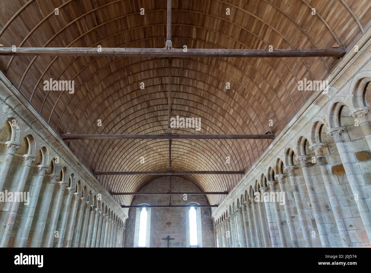 Monks refectory. The medieval Mont-Saint-Michel Abbey on a tidal island and mainland commune in Normandy, in the department of Manche, France. Stock Photo