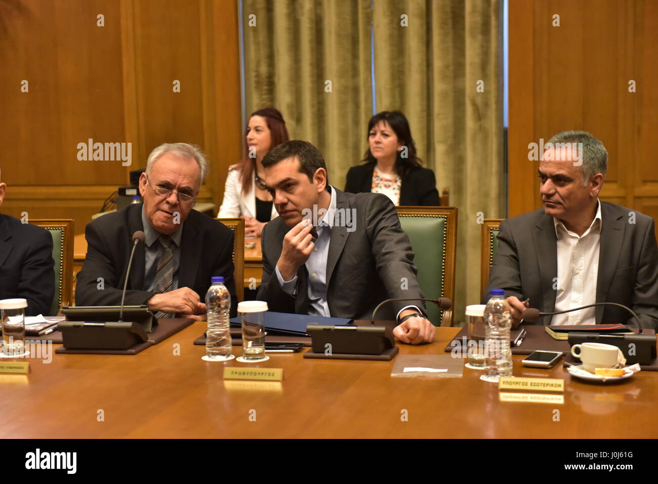 Athens, Greece. 13th Apr, 2017. Deputy Prime Minister Ioannis Dragasakis  (left), Greek Prime Minister Alexis Tsipras (centre) and Minister of  Interior Affairs Panos Skourletis (right) in the Cabinet. Credit: Dimitrios  Karvountzis/Pacific Press/Alamy