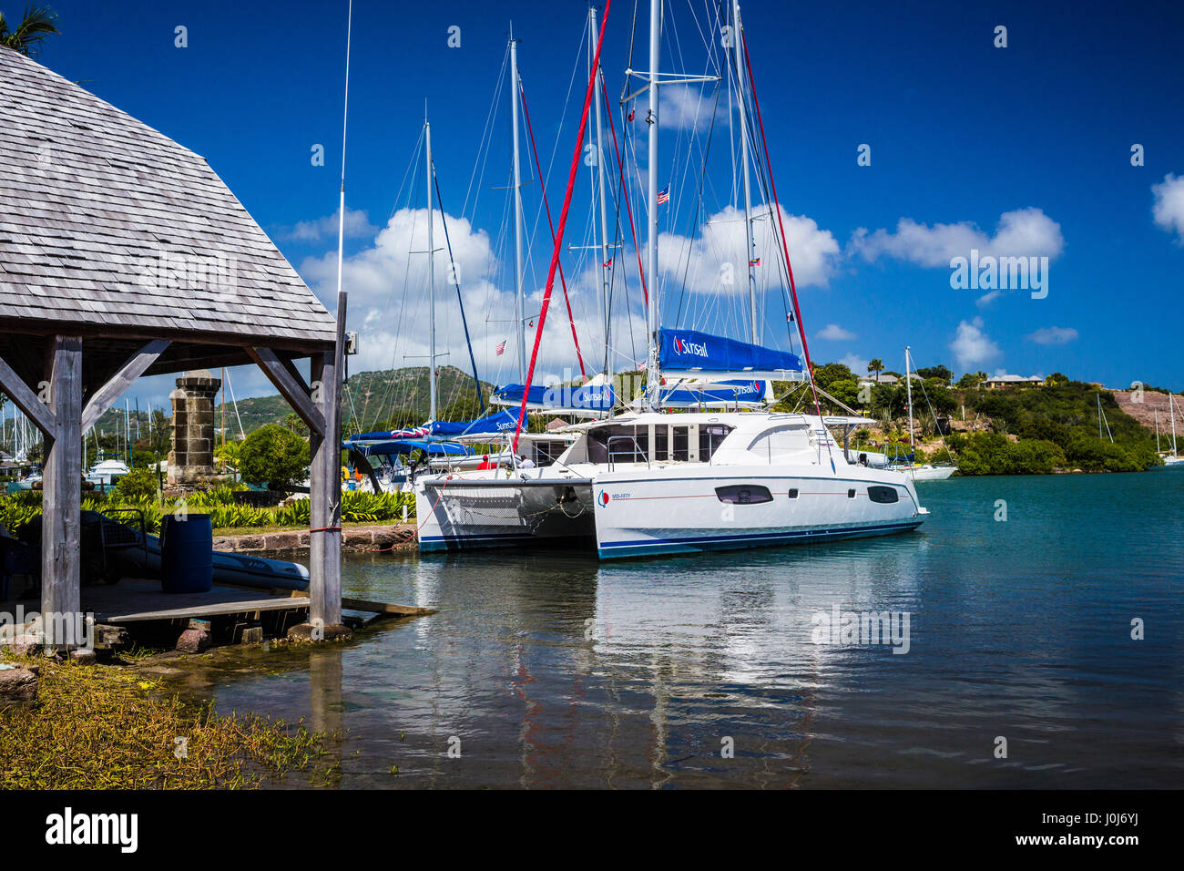 St John's Antigua catamaran in dockyard Stock Photo