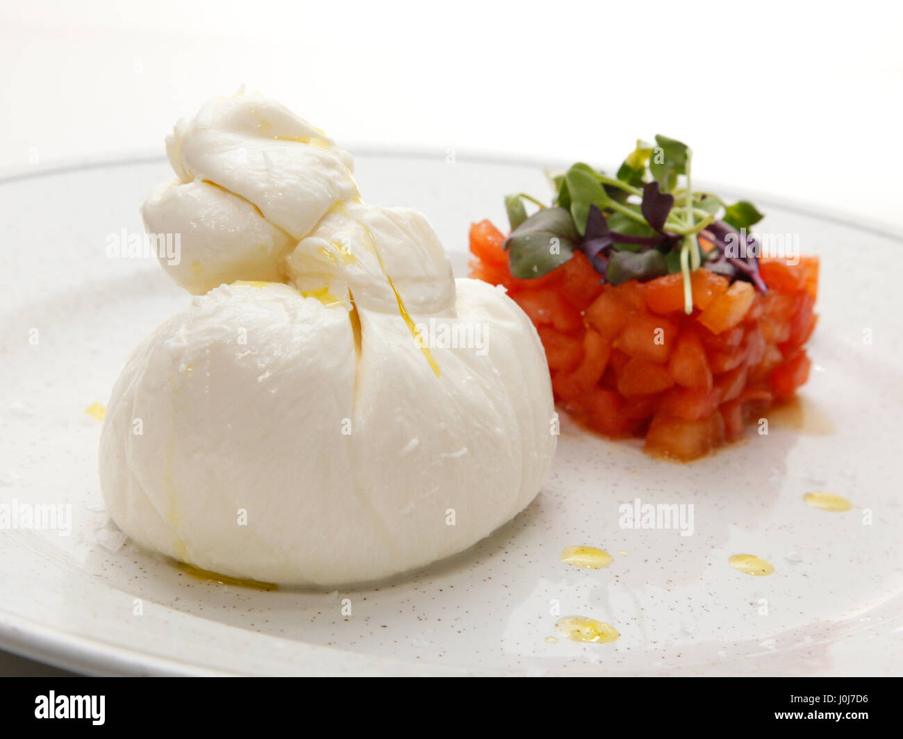 buffalo mozzarella with tomato tartare on white background Stock Photo