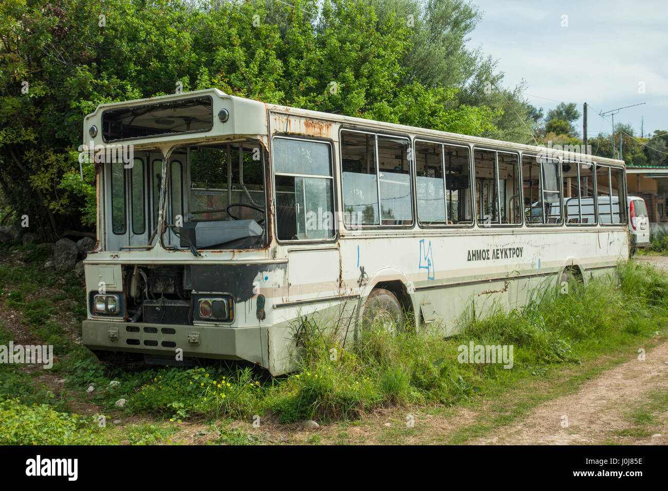 Abandoned bus near Kardamyli village, Messenia, Greece. Stock Photo