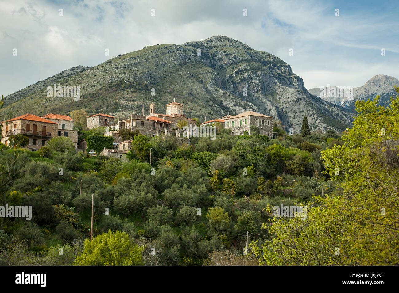 Spring afternoon at Exochori village in Messenia, Peloponnese Peninsula, Greece. Stock Photo