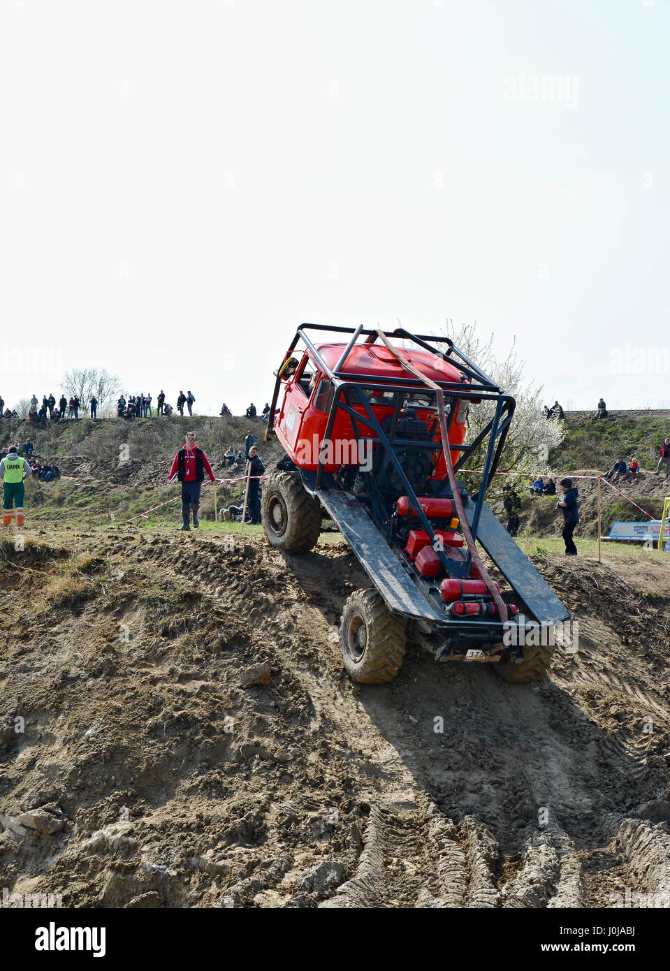 MILOVICE, CZECH REPUBLIC - APRIL 09, 2017: Unidentified truck at difficult muddy terrain during truck trial National championship show of Czech Republ Stock Photo