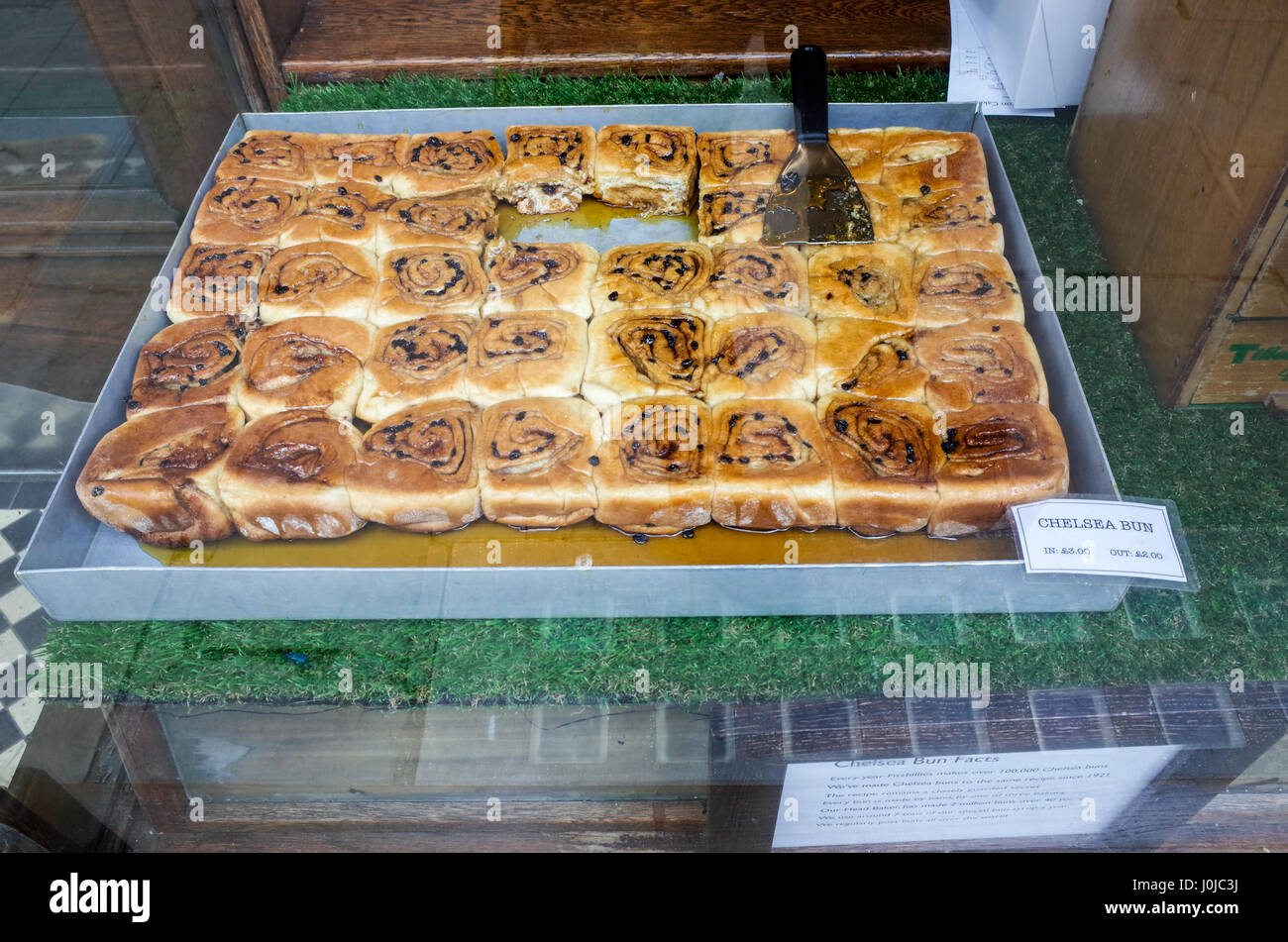 Chelsea or Sticky Buns in the window of Fitzbillies tea shop and restaurant in Cambridge UK Stock Photo