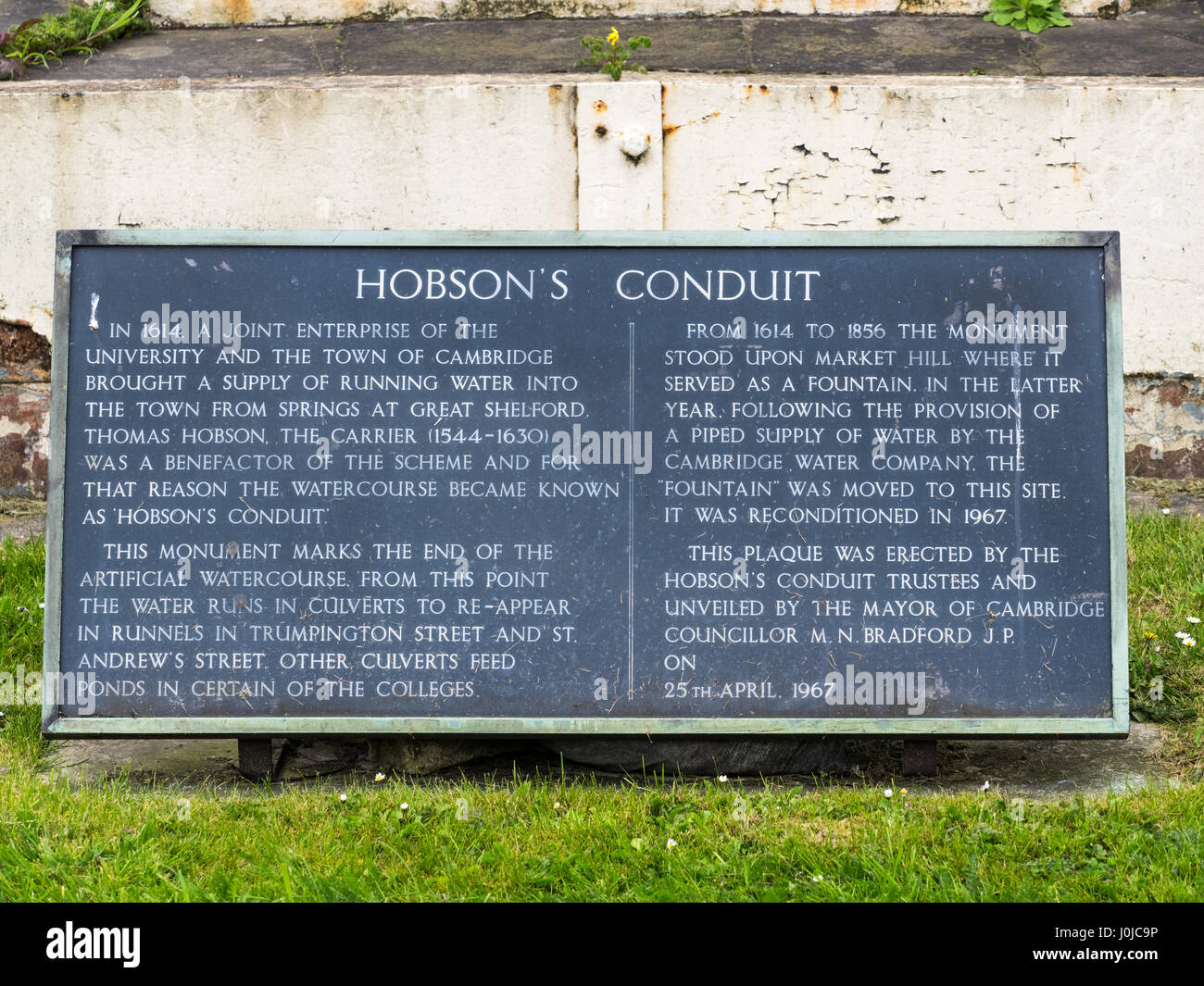 Descriptive sign on the ornamental fountain on Hobson's Conduit, Cambridge, UK. The conduit was originally built to bring in clean spring water Stock Photo