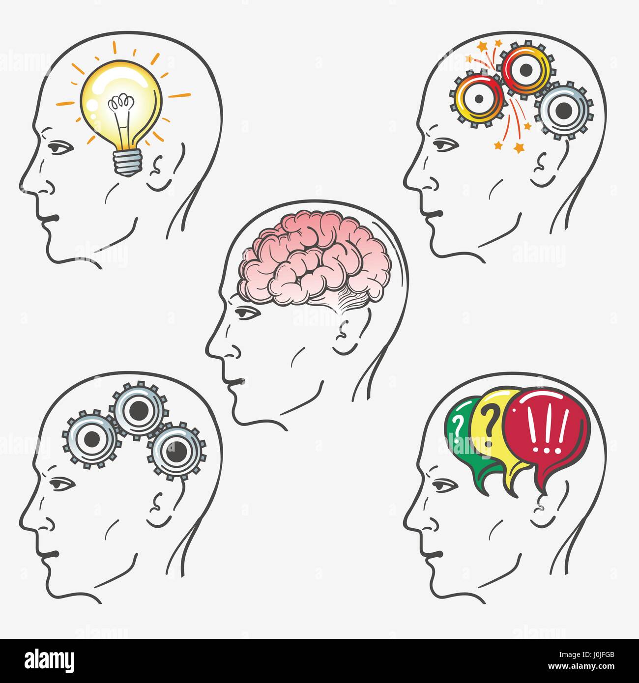 Head brain illustration set. Thinking, new idea, brainstorming, problem solving etc. Vector illustration Stock Vector