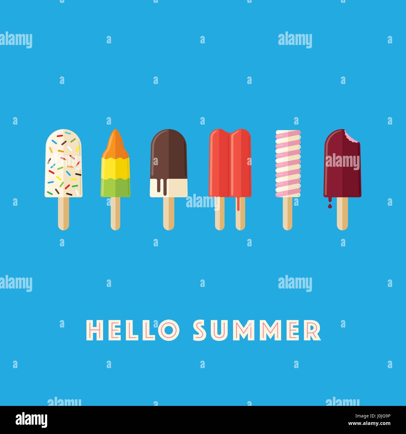 Hello Summer vector illustration wit a variety of ice cream lollies and popsicles Stock Vector