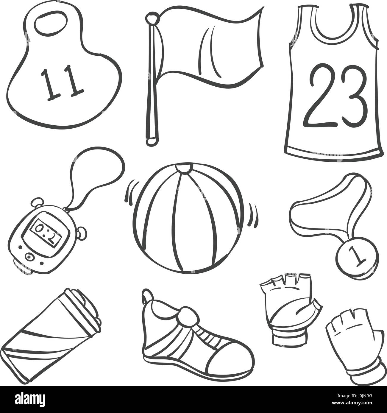 Collection of sport equipment doodle style vector illustration Stock