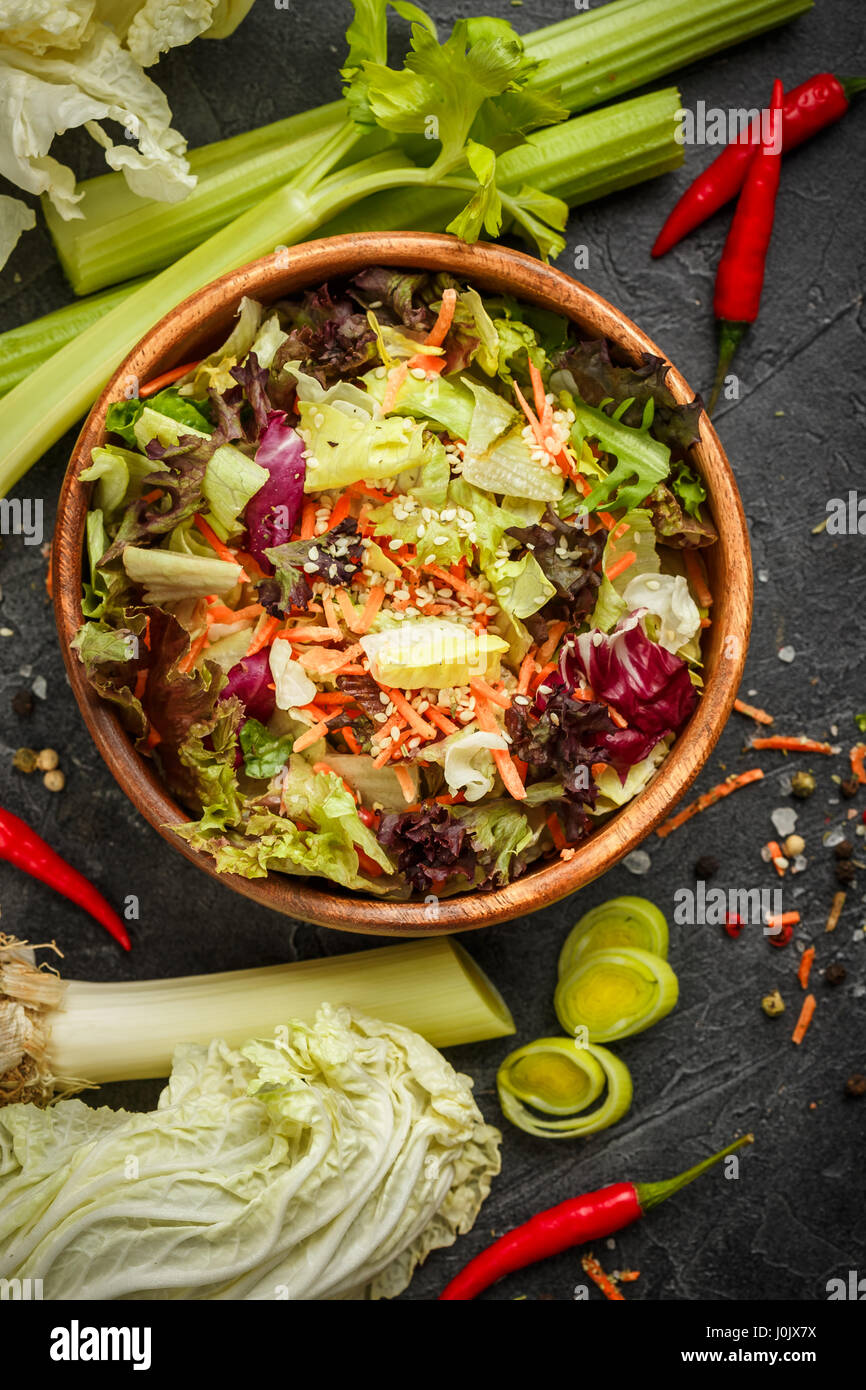 Mix of salad freeze, lollo rosso, radicchio, romano and iceberg with