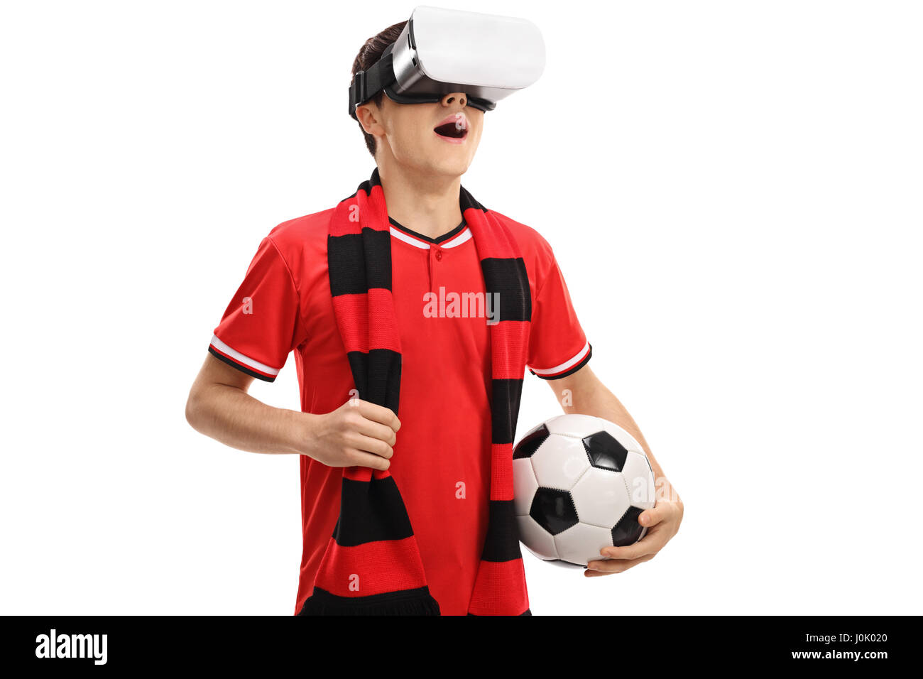 Teenage football fan using a VR headset isolated on white background