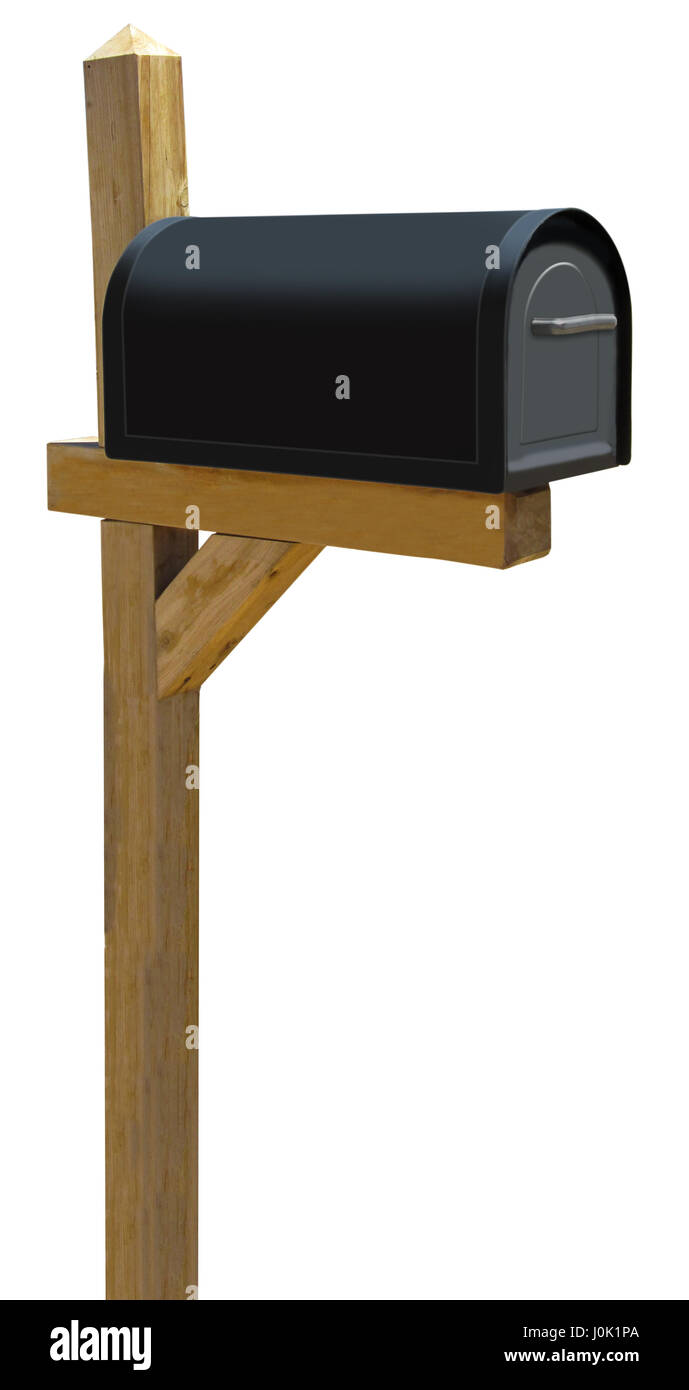 A black mail box on a wood post. With white background and clipping path. Stock Photo