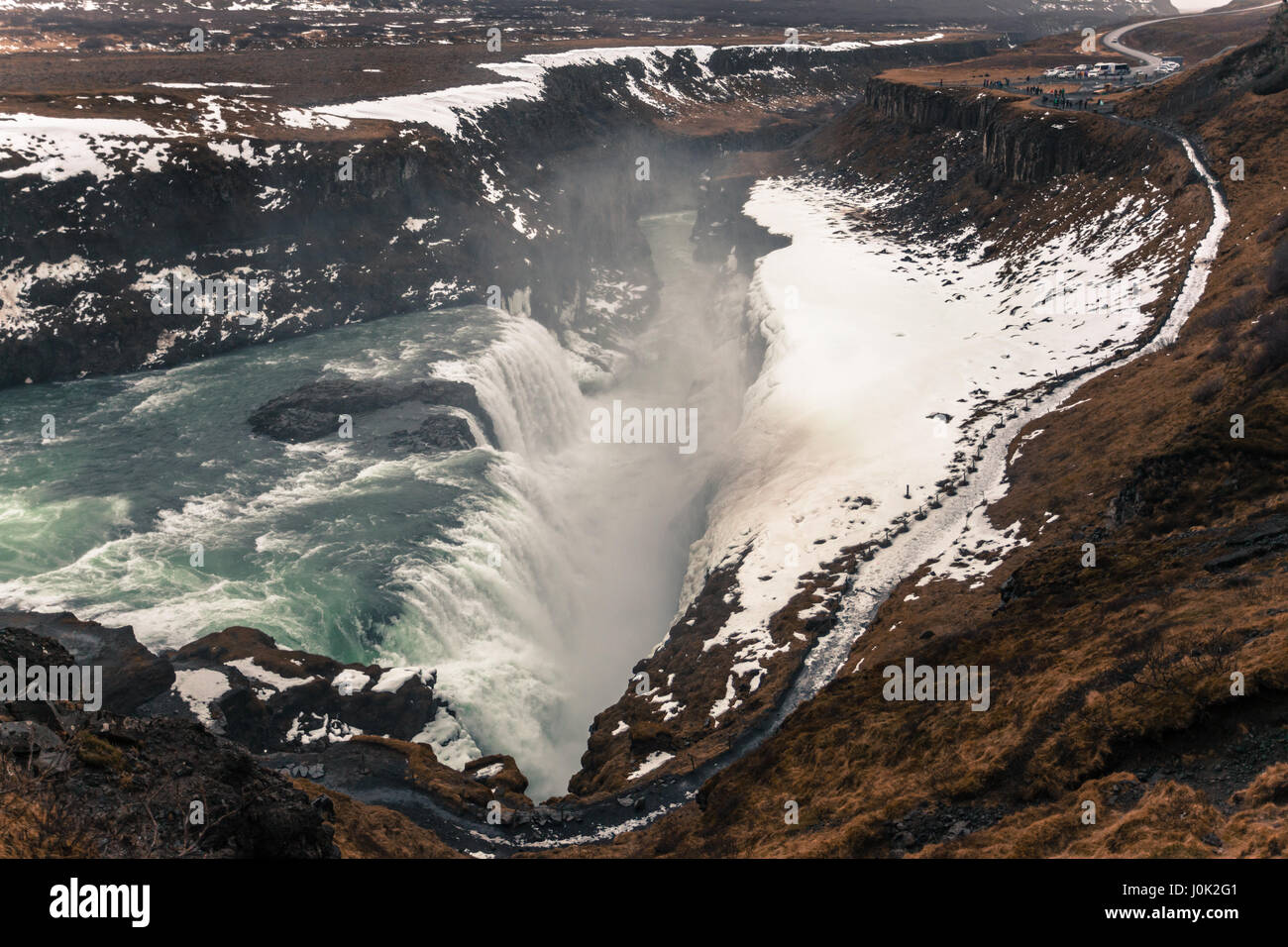 Side view of the iconic Gullfoss waterfall, part of the Golden Circle and one of the most popular natural wonders in Iceland Stock Photo