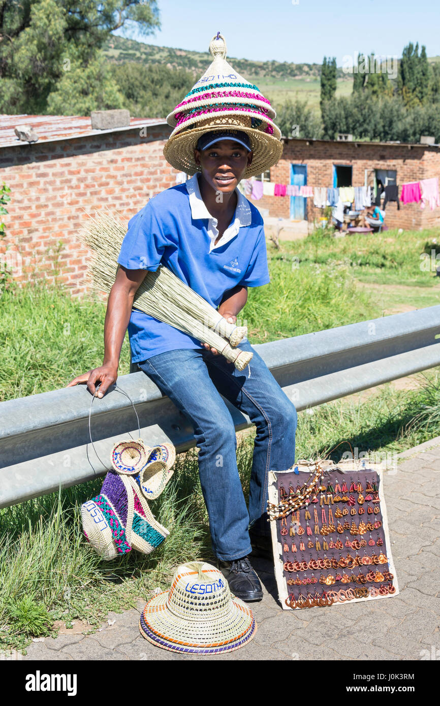 Young man selling Lesotho souvenirs, Maseru, Maseru District, Kingdom of Lesotho Stock Photo