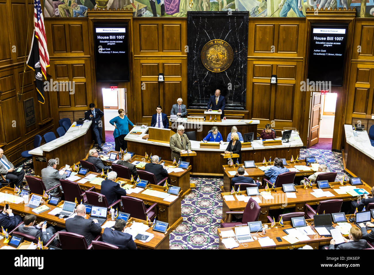 Indianapolis - Circa April 2017: Indiana State House of Representatives in session making arguments for and against a Bill I Stock Photo