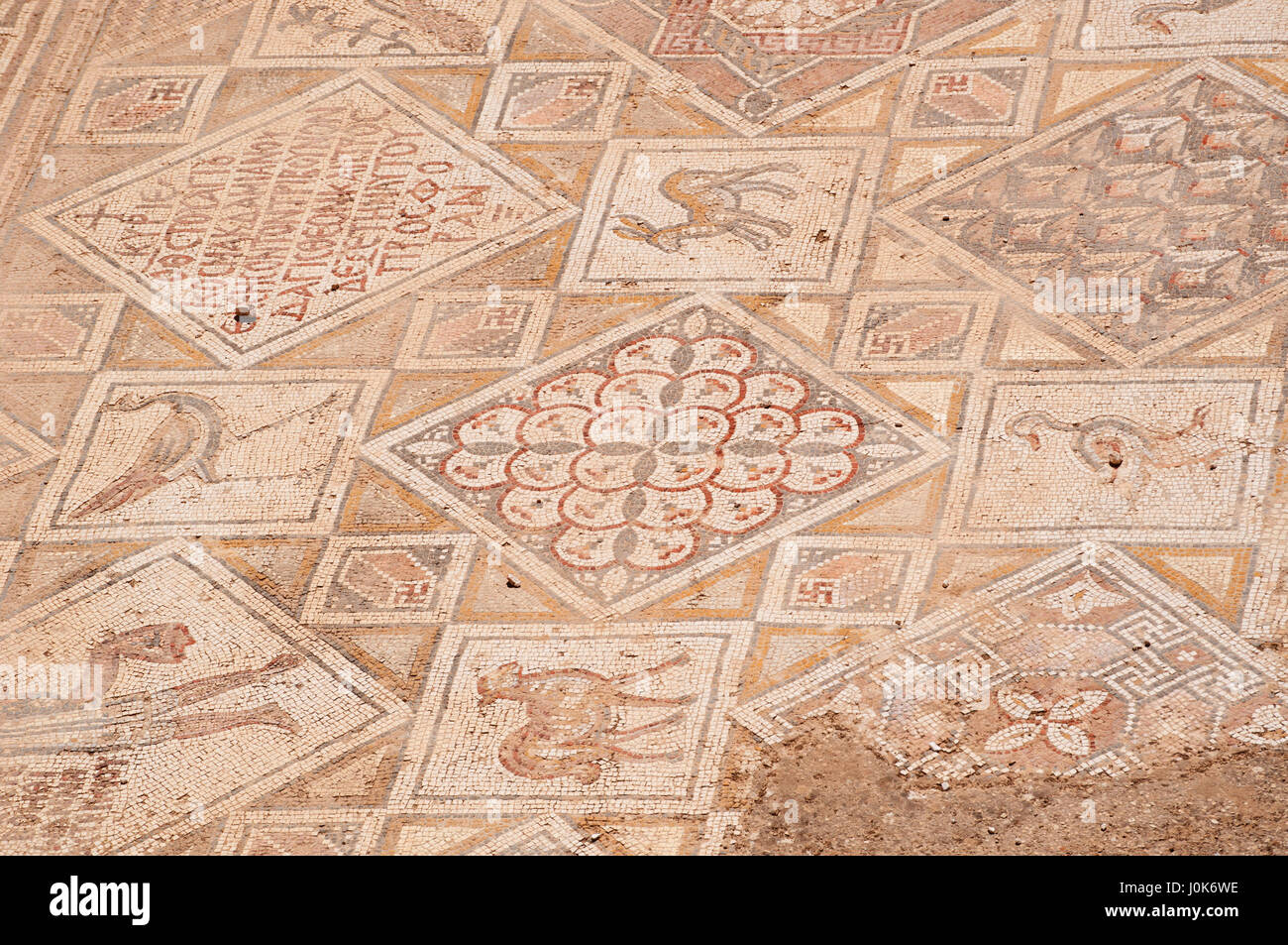 Details of the mosaics of the Byzantine churches found in the archaeological city of Jerash, one of the world's largest sites of Roman architecture Stock Photo