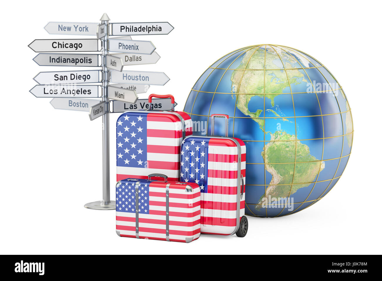 USA travel concept. Suitcases with US flag, signpost and Earth globe