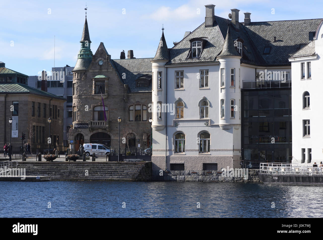 The art nouveau buildings on the waterfront of the harbour at  Alesund. Ålesund, Møre og Romsdal, Norway. Stock Photo