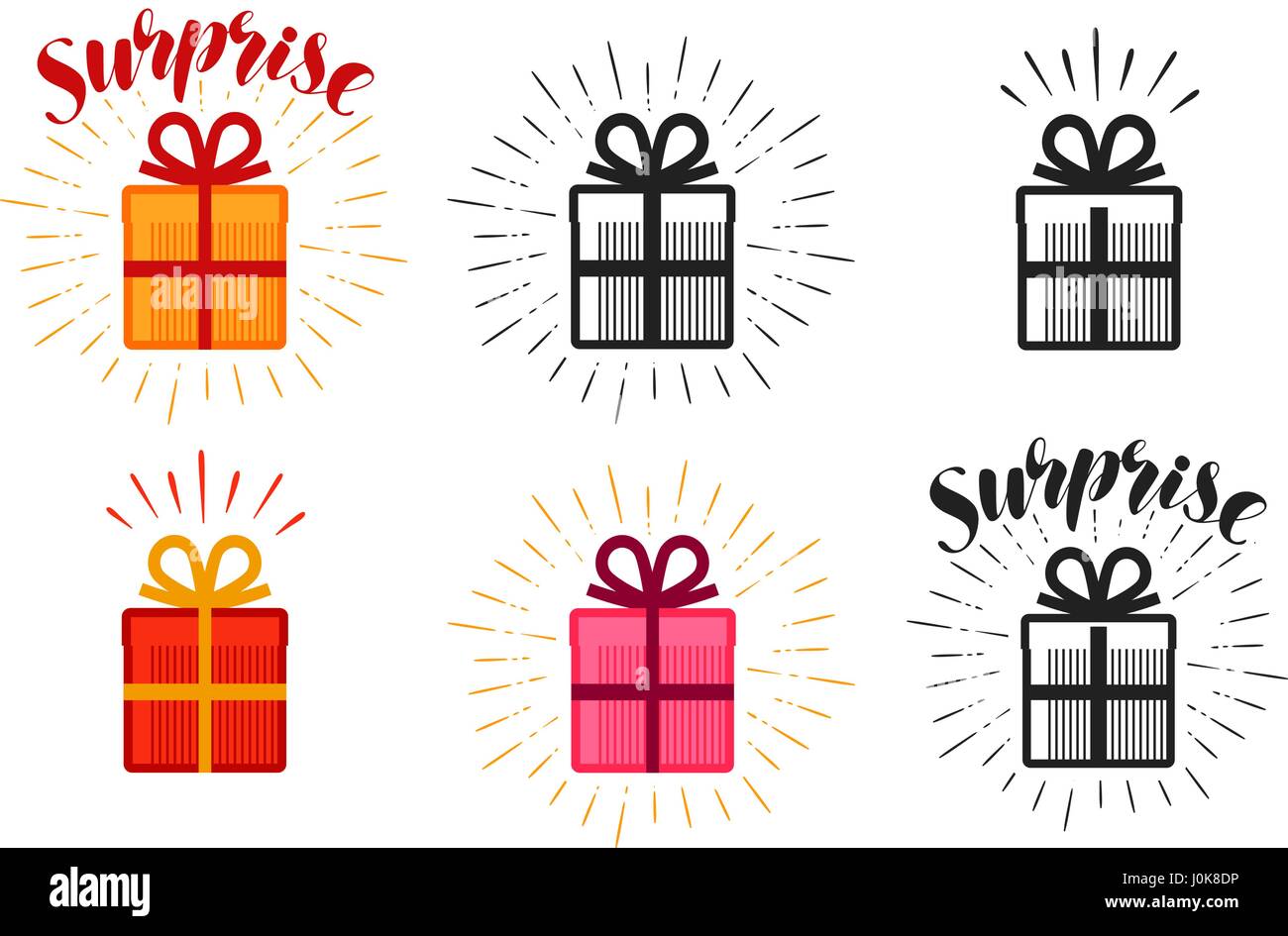 Gift box, surprise set of icons. Lettering vector illustration Stock Vector