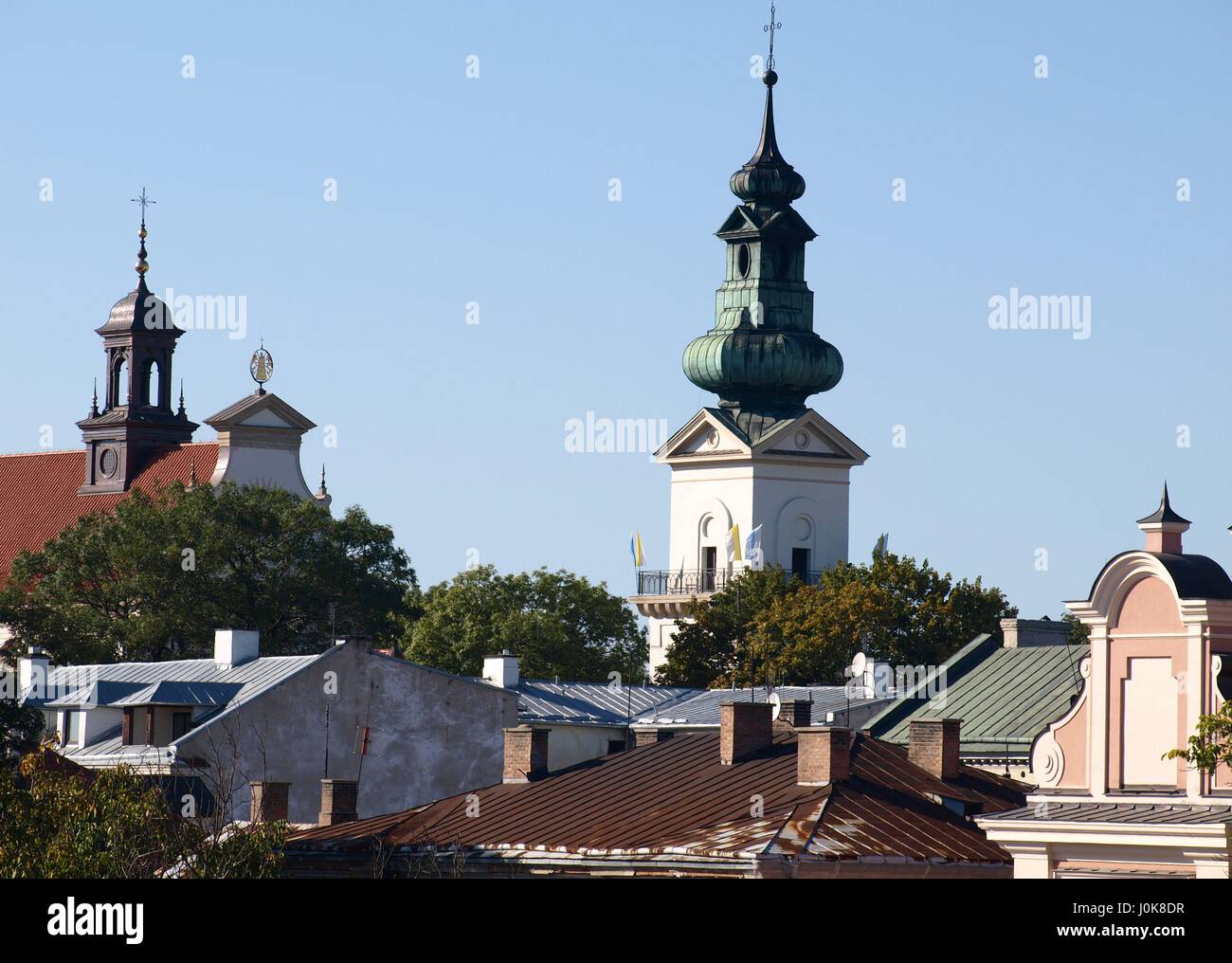 Catholic church with tall tower in Zamosc, Poland Stock Photo