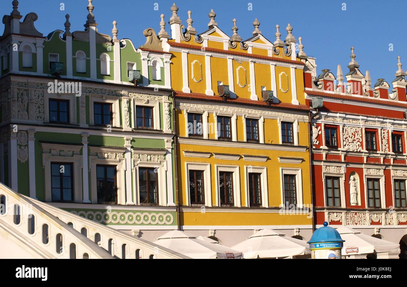 Old house with decorative architecture details in old city center in Zamosc, Poland Stock Photo