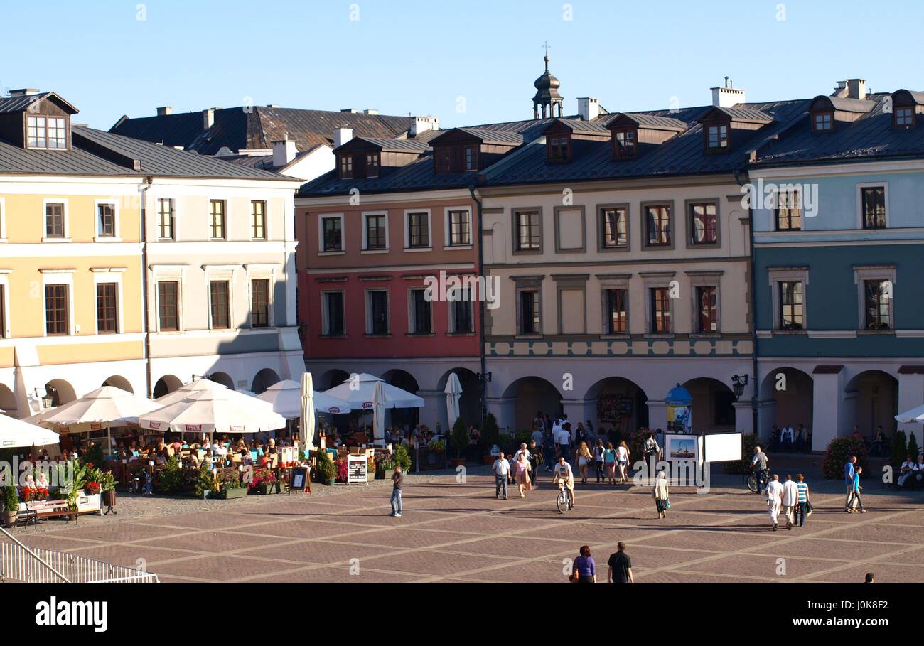 Old house with decorative architecture details in old city center in Zamosc, Poland Stock Photo