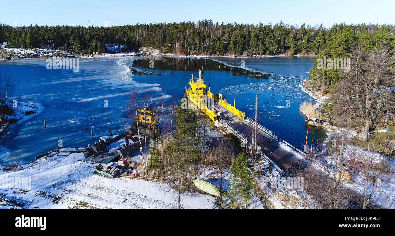 Aerial view of the yellow cable ferry, in Barosund of Inkoo archipelago, in Finland Stock Photo