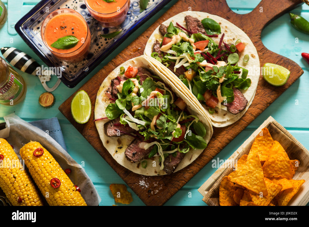 Mexican beef steak tortilla wraps with corn, gazpacho and corn Stock