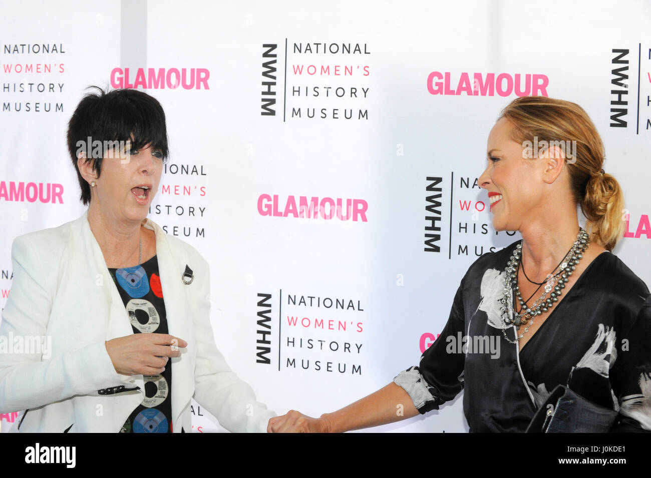 Diane Warren (l( and Maria Bello attends the National Women's History Museum's 4th Annual 'Women Making History' Brunch at the Skirball Cultural Center on September 19th, 2015 in Los Angeles, California. Stock Photo