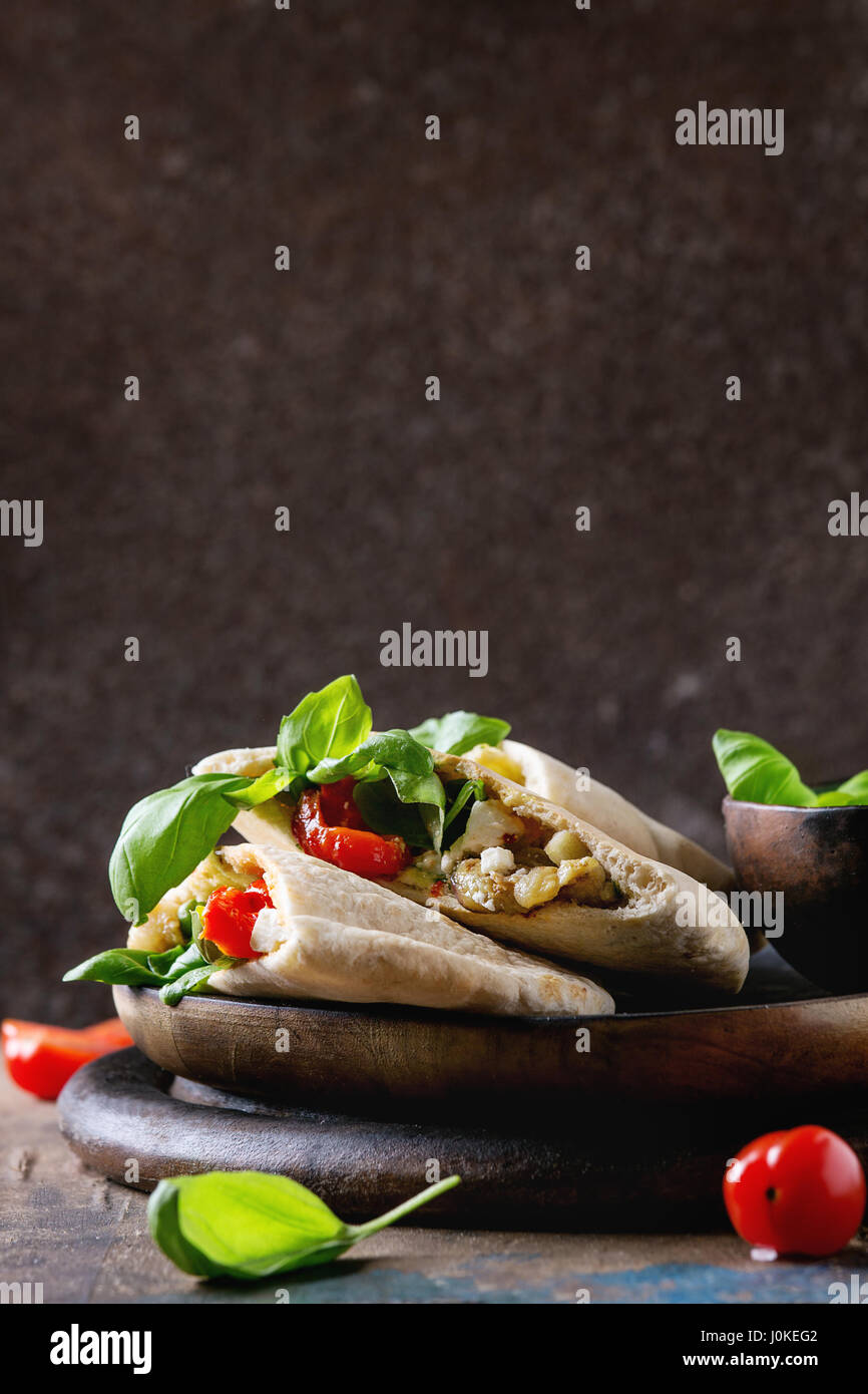 Pita bread sandwiches with grilled vegetables paprika, eggplant, tomato