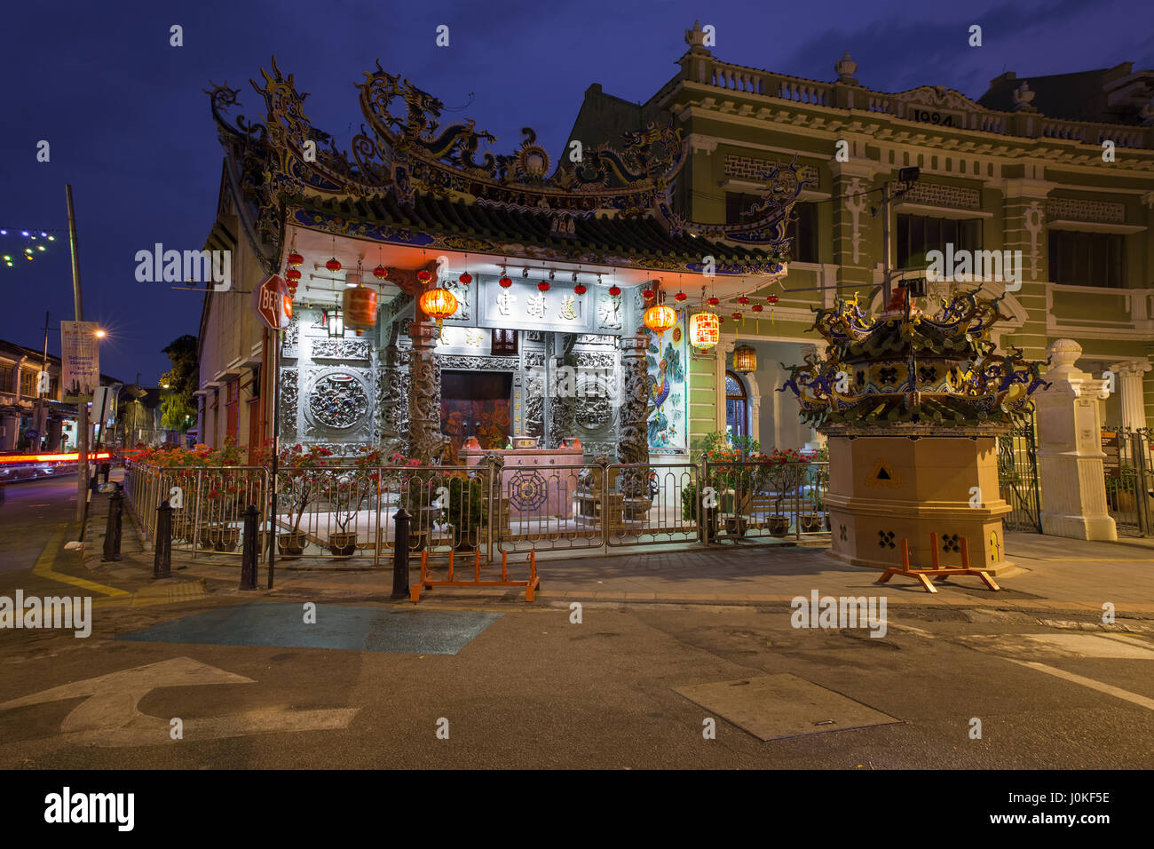 George Town, Penang - March 24, 2016: Dusk view of the Choo Chay Keong Temple adjoined to Yap Kongsi clan house, Armenian Street, George Town, Penang, Stock Photo