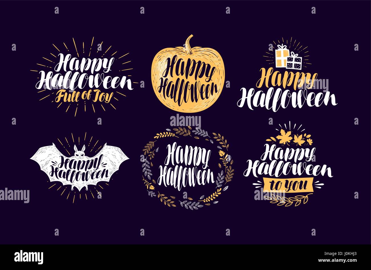 Happy Halloween, label set. Holiday symbol or logo. Lettering ...